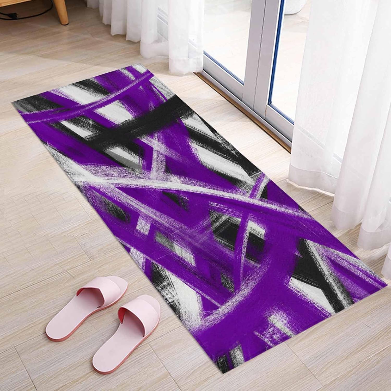Teamery Kitchen Mats for Floor Modern Abstract Purple Line Art Washable Non Slip Kitchen Rugs 1PCS, Black White Striped Absorbent Standing Mats for Sink Bathroom Office Living Room 15.7x47.2in