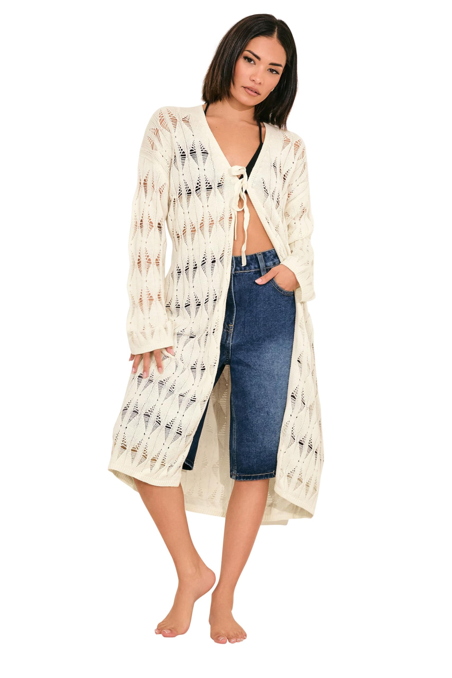 Pixiegirl Women's Ivory Petite Crochet Cardigan In Size 10-12