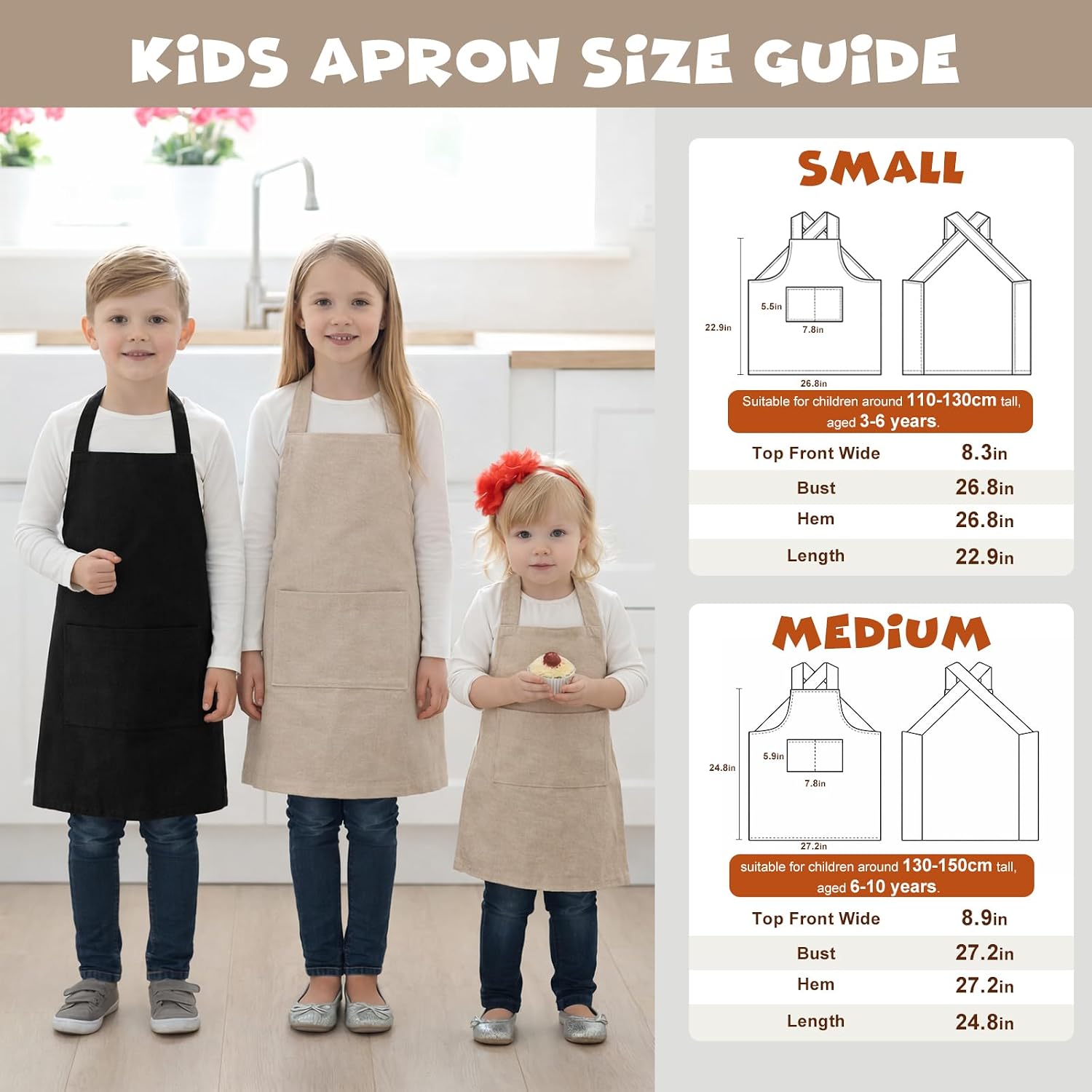 Surblue Kids Cross Back Apron with Pockets Cotton Linen Children Chef Bib Japanese Style for Baking Painting Cooking Cleaning