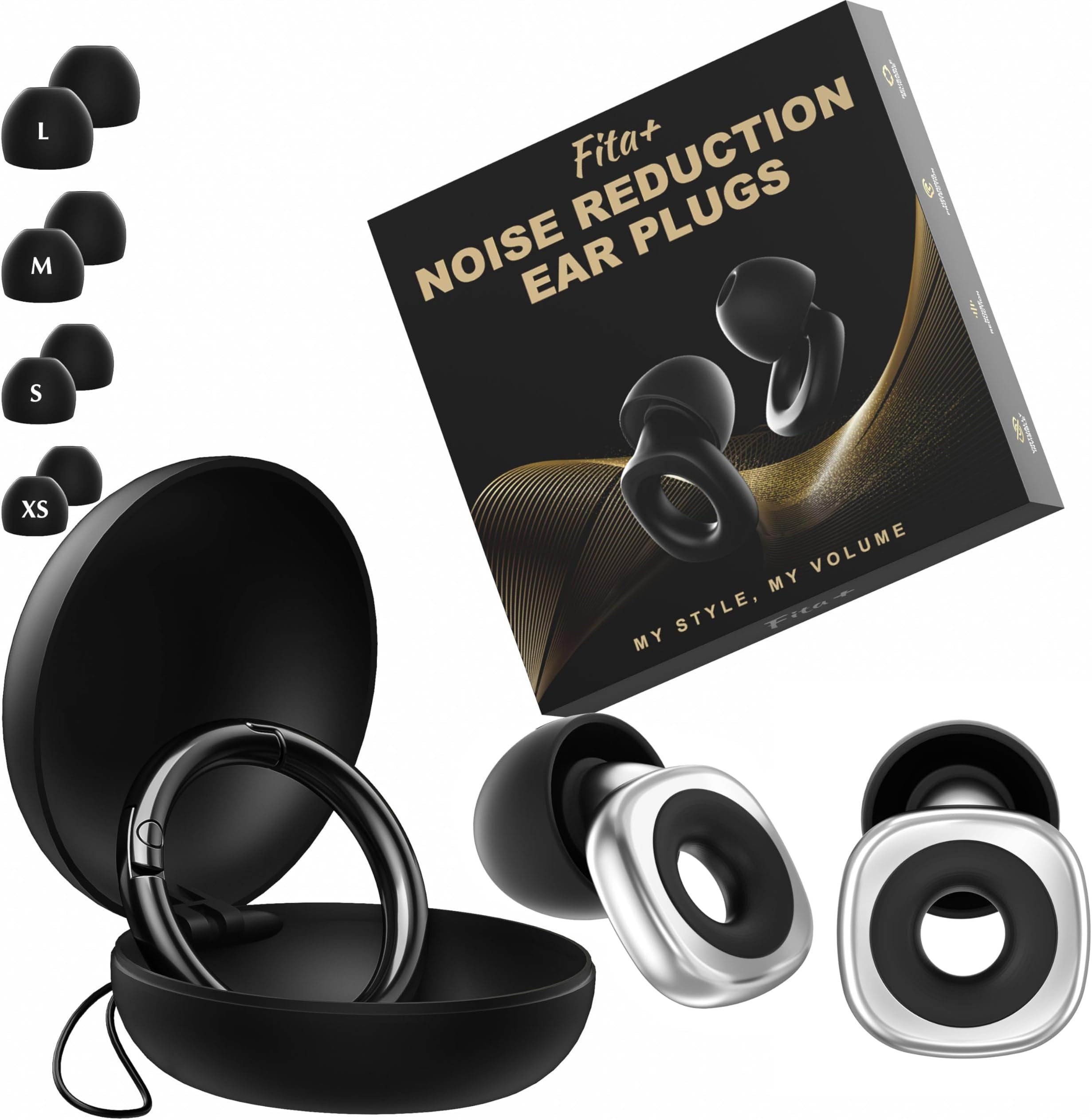 Fita + Quiet and Showy Ear Plugs Noise Reduction for Concerts,Festivals,Musicians,Nightlife-Noise Reduction up to 29dB with an Extra Noise Reduction Ring - 4 Sizes XS/S/M/L Soft Silicone Ear Tips