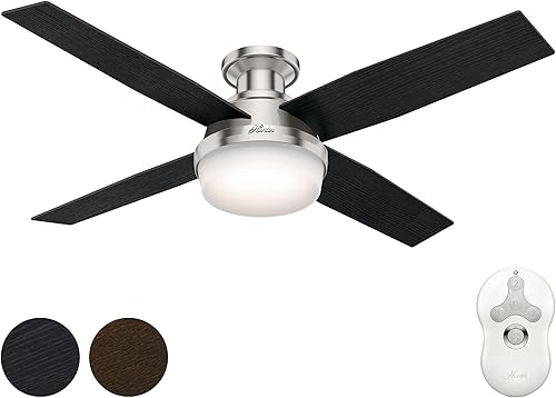 Miniatura 1 de Hunter Fan Ventilador de techo contemporáneo de perfil bajo de níquel cepillado de 52 pulgadas con kit de luz LED y control remoto, 4 aspas
