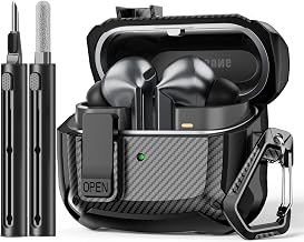 Safety Lock Case for Samsung Galaxy Buds3 FE/Pro/3 (Black) | Carbon fibre texture Design,with Cleaning Kit & Keychain,Mecha Protective Case