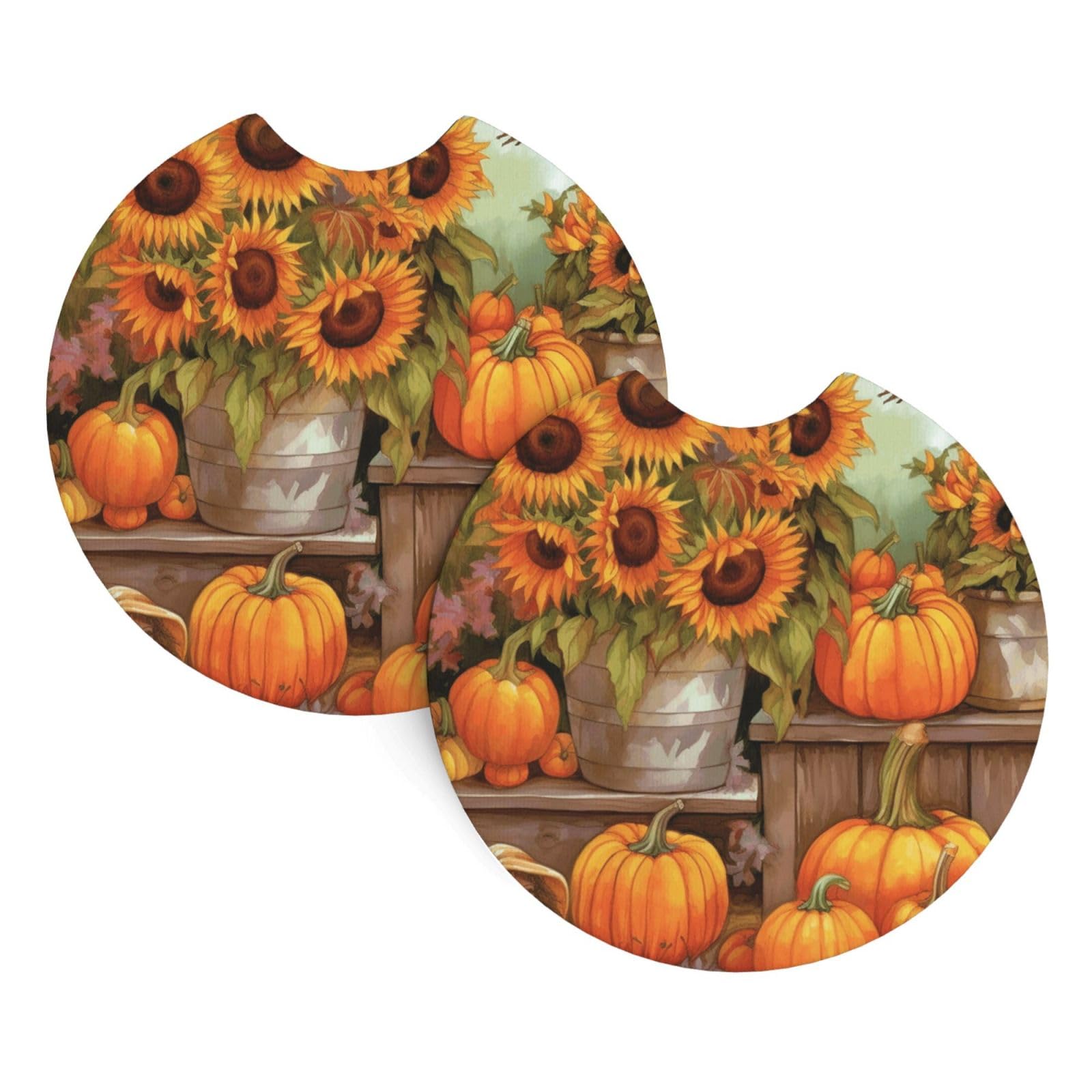 2PCS Car Coaster for Cup Holders Universal Auto Cup Mat Autumn Sunflowers Pumpkins Cup Coaster Pad 2.7" Waterproof Neoprene Non-Slip Cup Holder Coasters Car Interior Accessories for Women Men