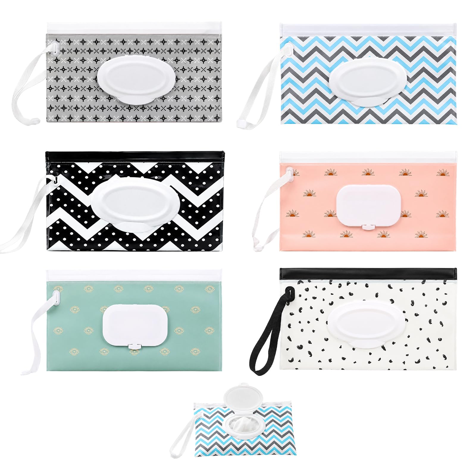 6 Pack Portable Refillable Baby Wipes Dispenser, Reusable Waterproof Wet Wipes Pouch with Loop, Assorted Designs for Convenient Storage, Ideal for Diaper Bag, Stroller, Travel, Outdoor & Camping