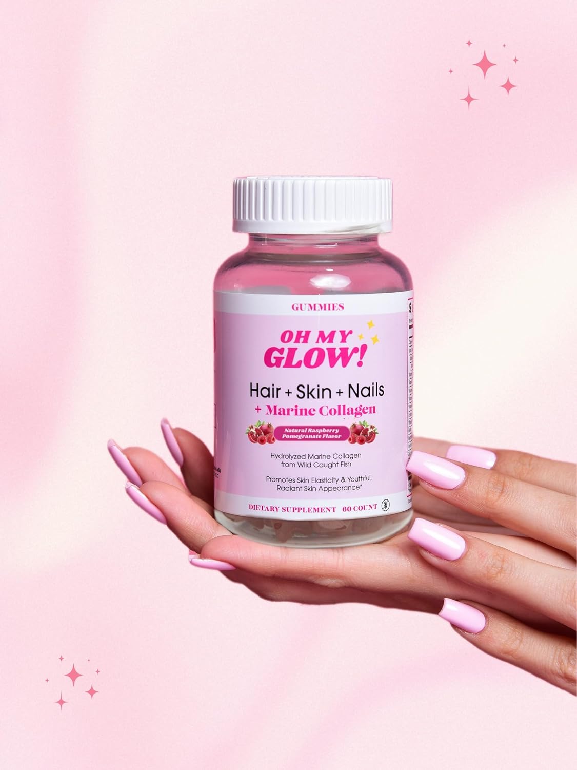 Oh My Glow! Hair, Skin & Nails + Marine Collagen – Gluten-Free, Non-GMO Gummies, Raspberry Pomegranate