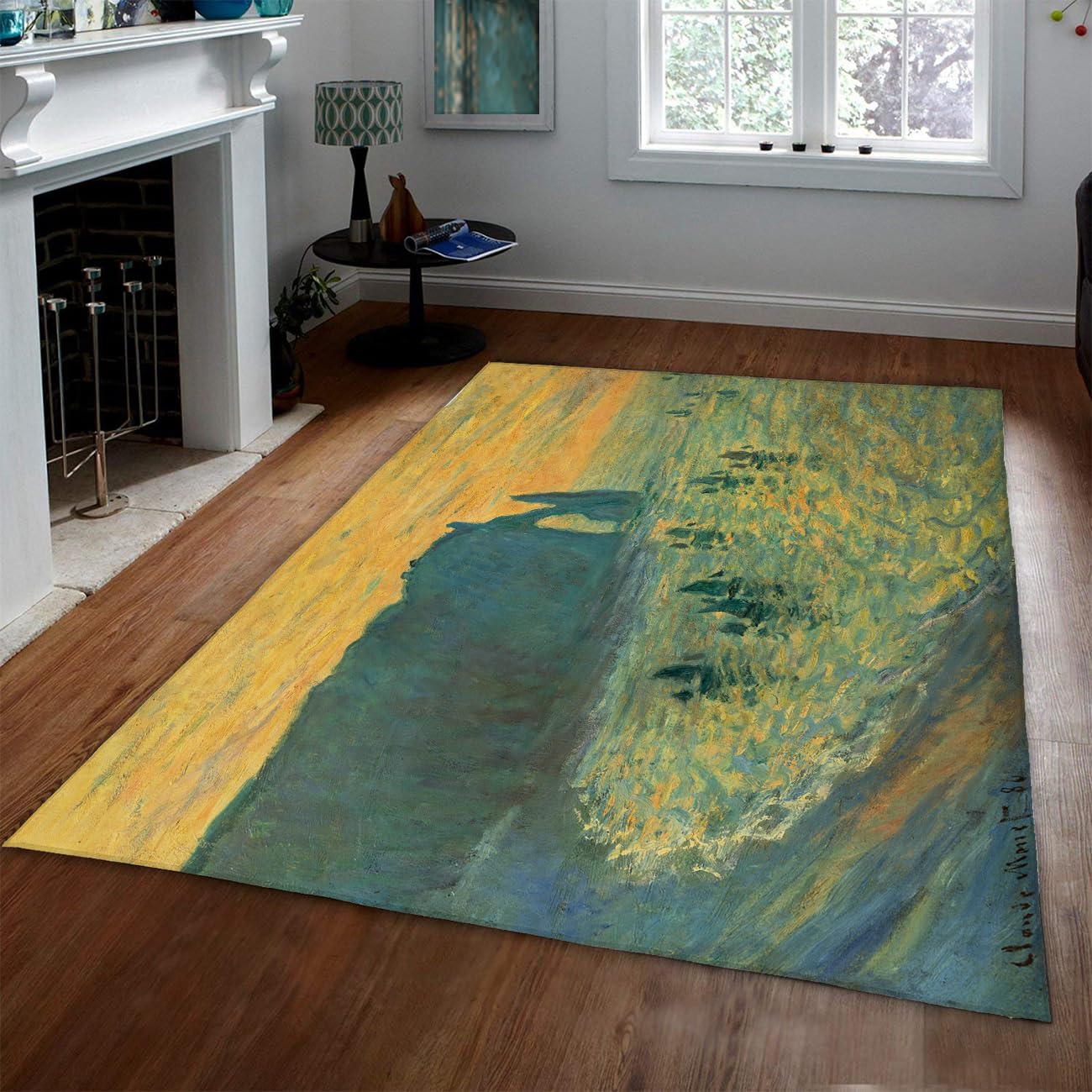 Tapis de salon moderne bleu sarcelle et or 60x90 cm style Monet marin