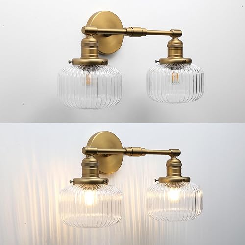 Miniatura 7 de 2 luces de pared industriales de vidrio, lámpara de pared de latón antiguo con pantalla de globo rayado transparente para tocador de baño,