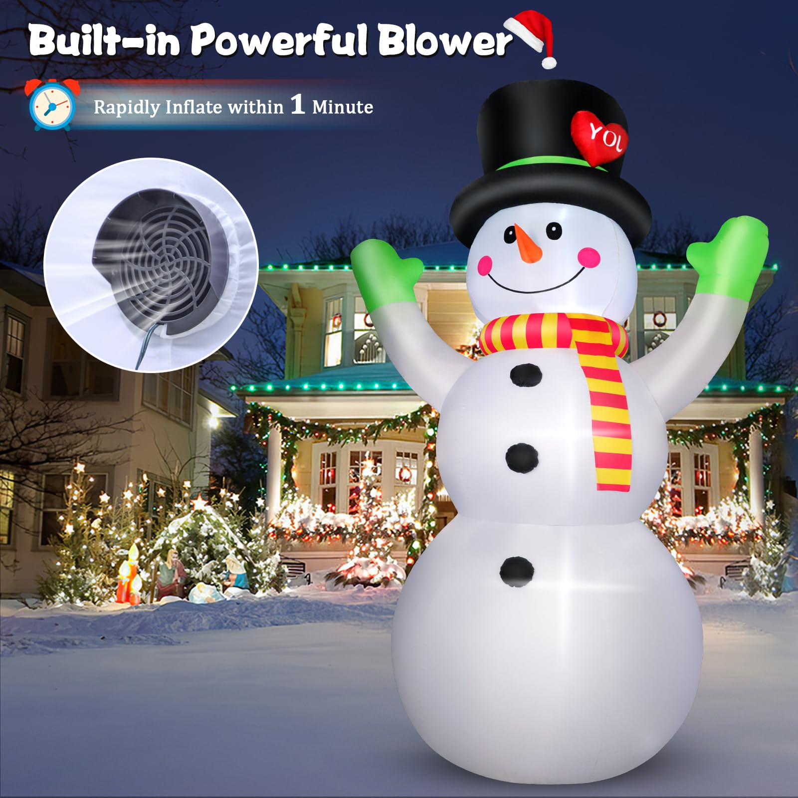 Aufblasbarer Schneemann 3 m mit LED Beleuchtung, riesige Aufblasbare Weihnachtsdeko Außen, Aufblasbarer Schneemann große Weihnachtsfigur, windstabil & wetterfest, Outdoor Deko für Garten Xmas Party