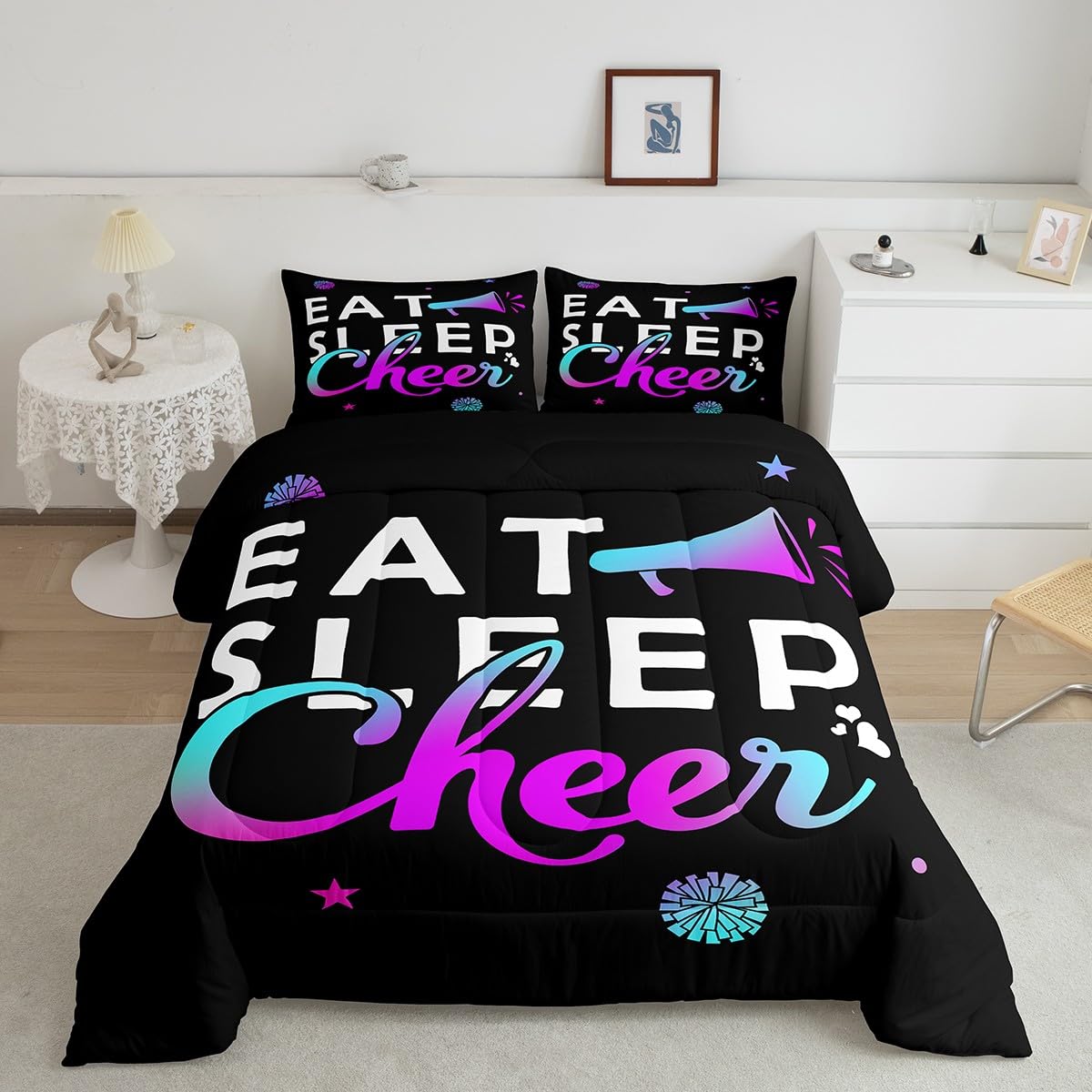 Feelyou Girls Cheerleading Comforter Set for Girls Boys Eat Sleep Cheer Comforter Gymnastics Dancing Lovers Bedding Set Cheer Sports Purple Blue Duvet Set Queen Size Quilt 3Pcs Boys