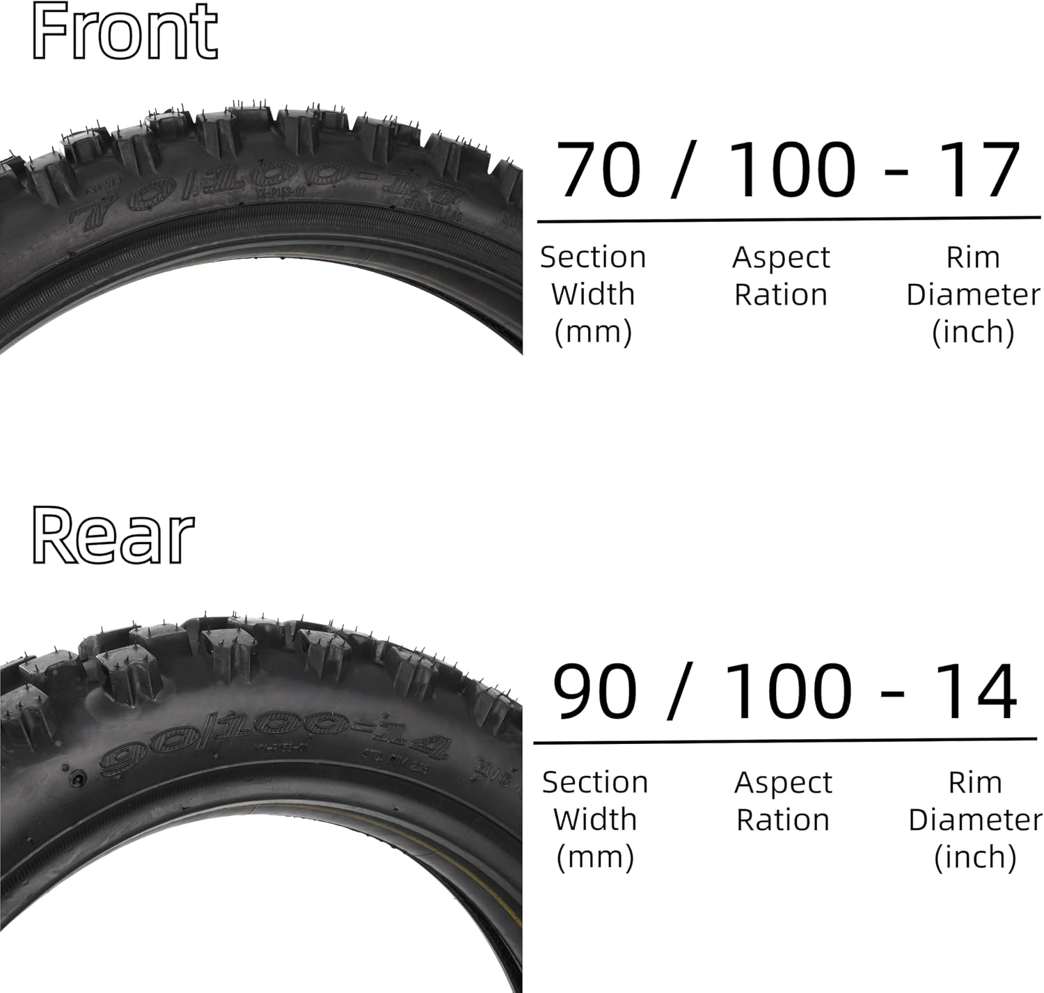 Front 70/100-17 and Rear 90/100-14 Tire and Inner Tube Sets for CR85R CRF80F CRF125F CRF150R 110cc 125cc 140cc QG-214 X-M125 All Dirt Pit Bikes 125cc up to 200cc Dirt Bike