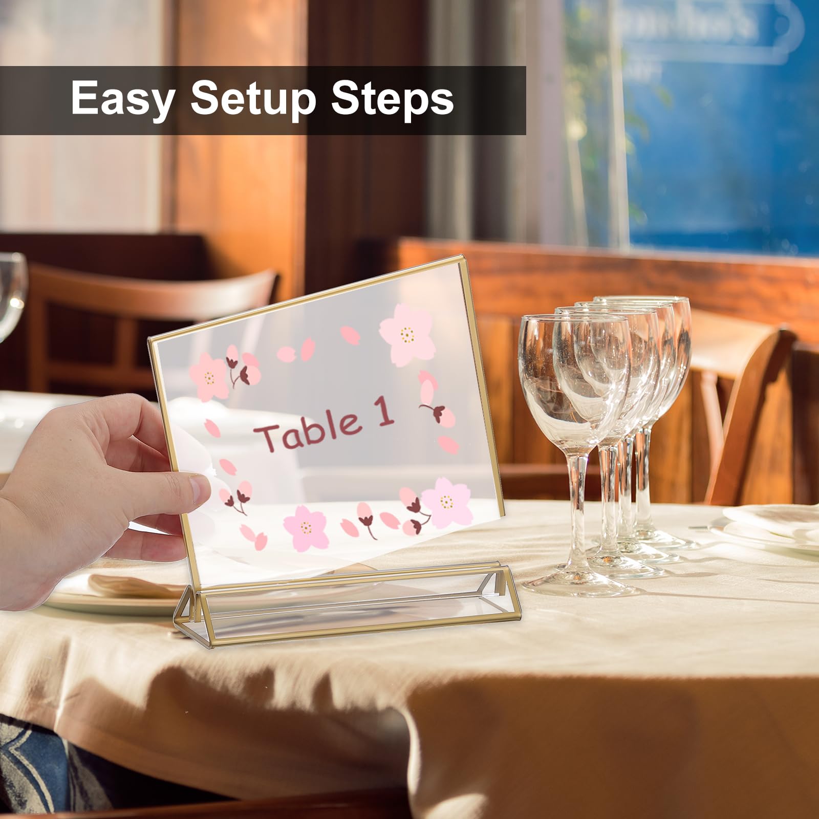 PATIKIL Soporte de acrílico transparente de 5 x 7 pulgadas, 8 paquetes de soportes de menú de mesa, bordes dorados, marcos de fotos de doble cara para recepción de boda, números de mesa, fiesta