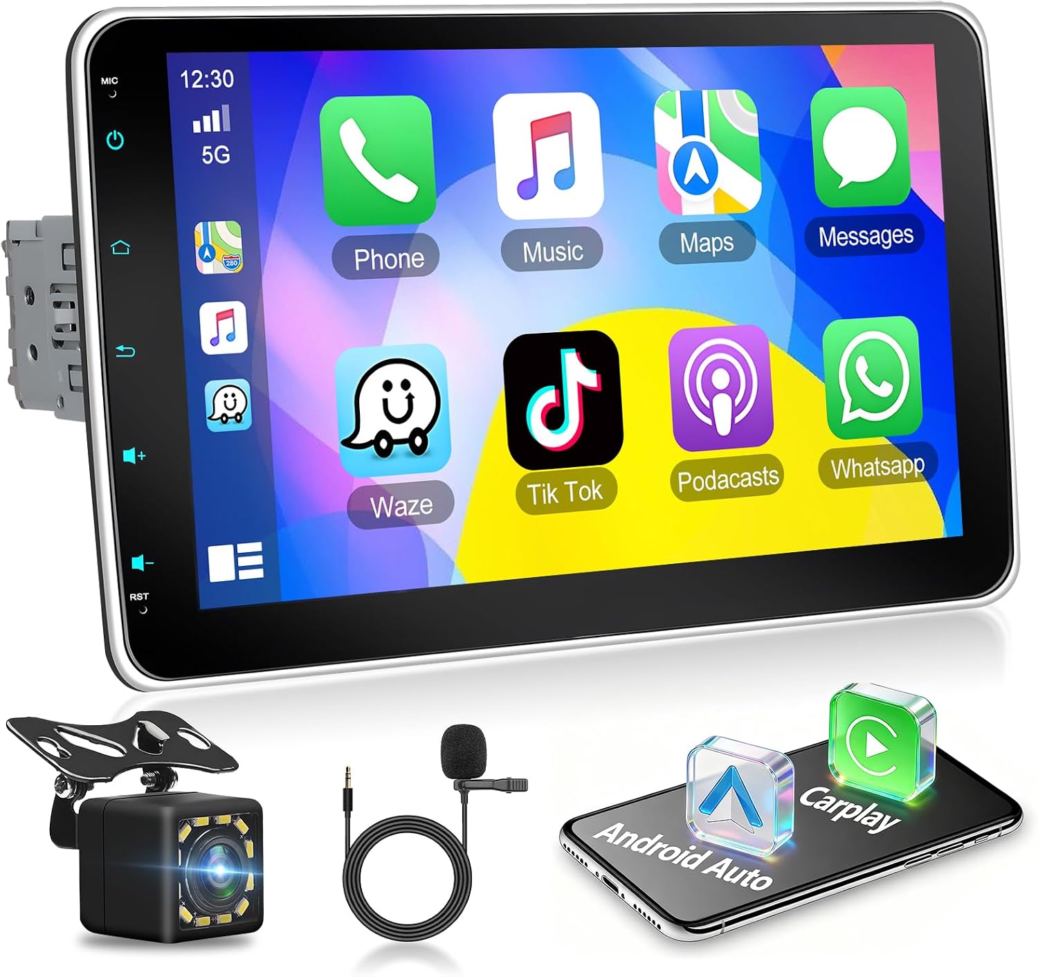 1 DIN Bluetooth Car Radio Wireless Apple Carplay Android Car Radio 10 Inch Removable 1280P HD IPS Touchscreen Car Radio with Bluetooth 5.2 EQ FM SWC USB Reversing Camera