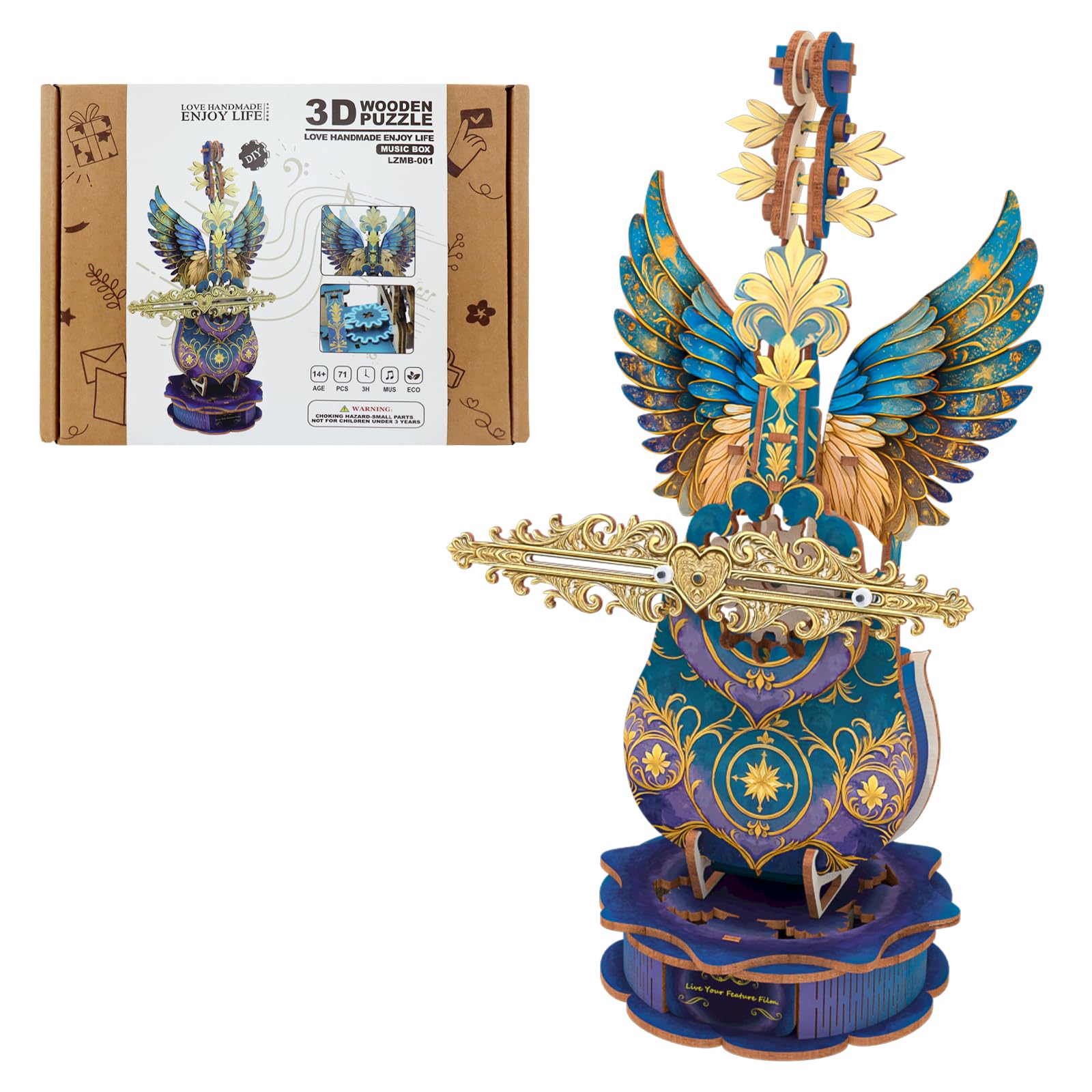 3D Wooden Puzzles for Adults, Mechanical Cello Music Box Kit with Base, DIY Wooden Model Kits to Build, Birthday Valentine's Day Gifts for Women Men, Music Box Puzzle Lover