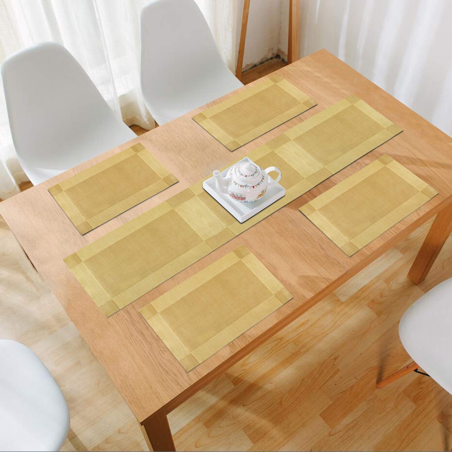 HOKIPO Pvc Dining Table Mat 4 Pieces With Runner (Ar3125), Gold