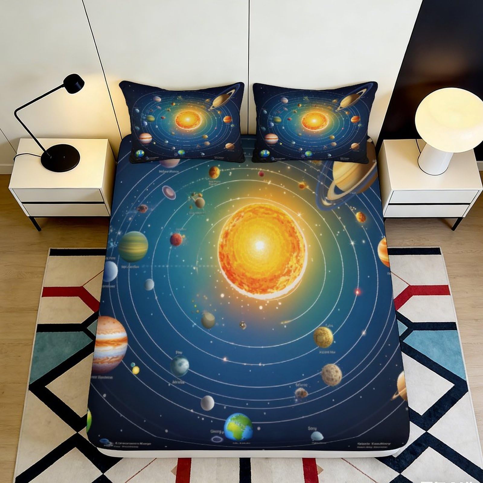 3D Printed Solar System Fitted Sheet Microfiber Soft Breathable Planet Orbit Mattress Cover for Bedroom Dorm Decor 90x200x25cm