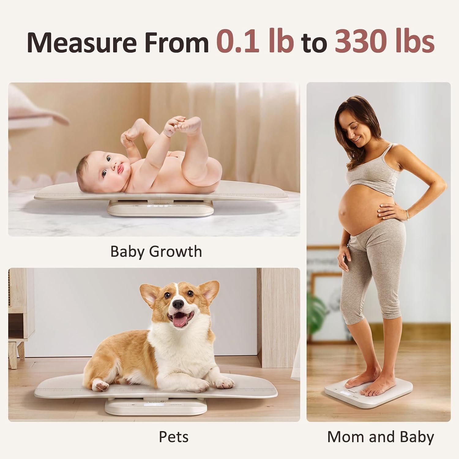 GROWNSY Baby Scale, Baby Weight Scale, Pet Scale for Puppy, Cat, Adult Scale Up to 330lbs, Accurate Digital Scale with Hold Function, 27-inch Height Measurement, 5 Units, LED Screen, Beige