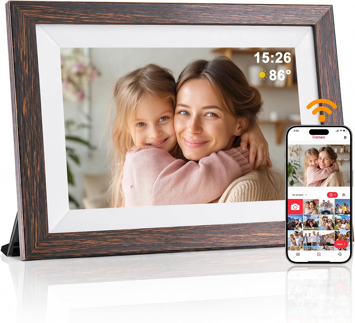 Digital Picture Frame, 10.1" Frameo Digital Frame WiFi with 1280x800 HD IPS Touch Screen, Auto-Rotate, Wall Mountable, Instant Share Photos & Videos from Phone via App, Brown Wood