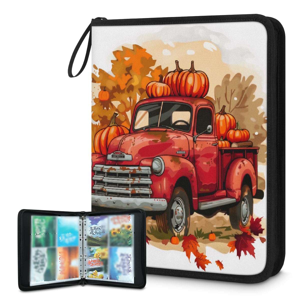 Raccoglitore per carte collezionabili con 4 tasche per il Ringraziamento a forma di zucca, con maniche rimovibili, impermeabile, con cerniera, 50 pagine, capacità 400 carte