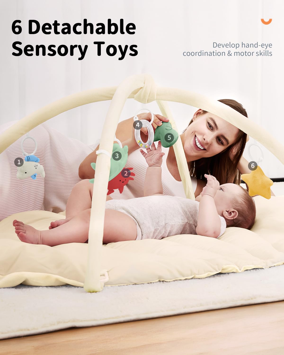 ANGELBLISS Baby Play Gym Mat, Reversible Tummy Time Mat with 6 Sensory Toys for Stage-Based Developmental, Thick & Large Baby Activity Center from Newborn to Toddler (Beige)