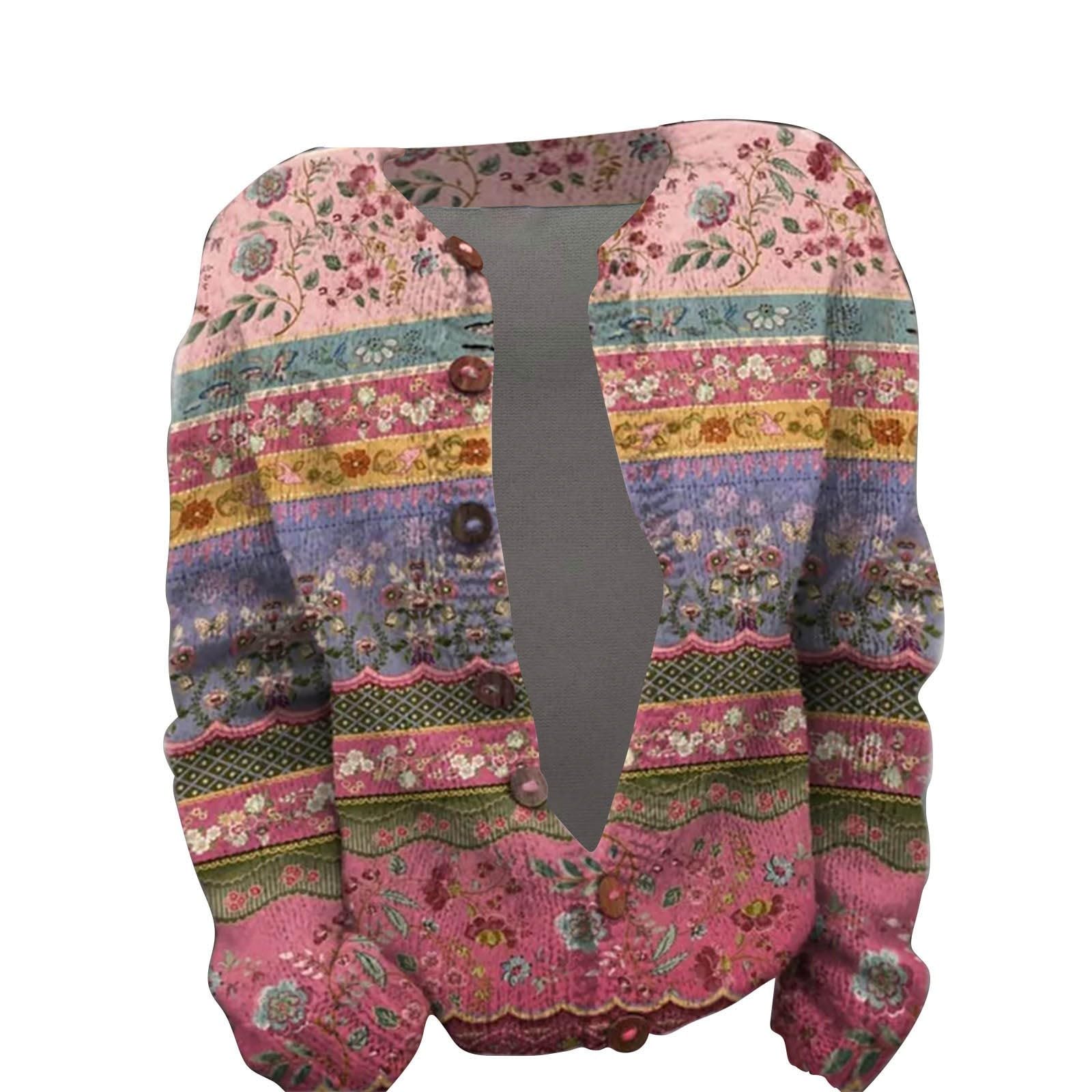 Generisch Cardigan en tricot pour femme avec imprimé - Col rond, Rose, L