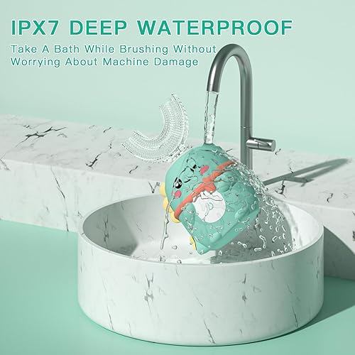 Miniatura 4 de Cepillo de dientes eléctrico en forma de U para niños pequeños con 4 cabezales de cepillo, cepillos de dientes ultrasónicos de dinosaurio de dibujos