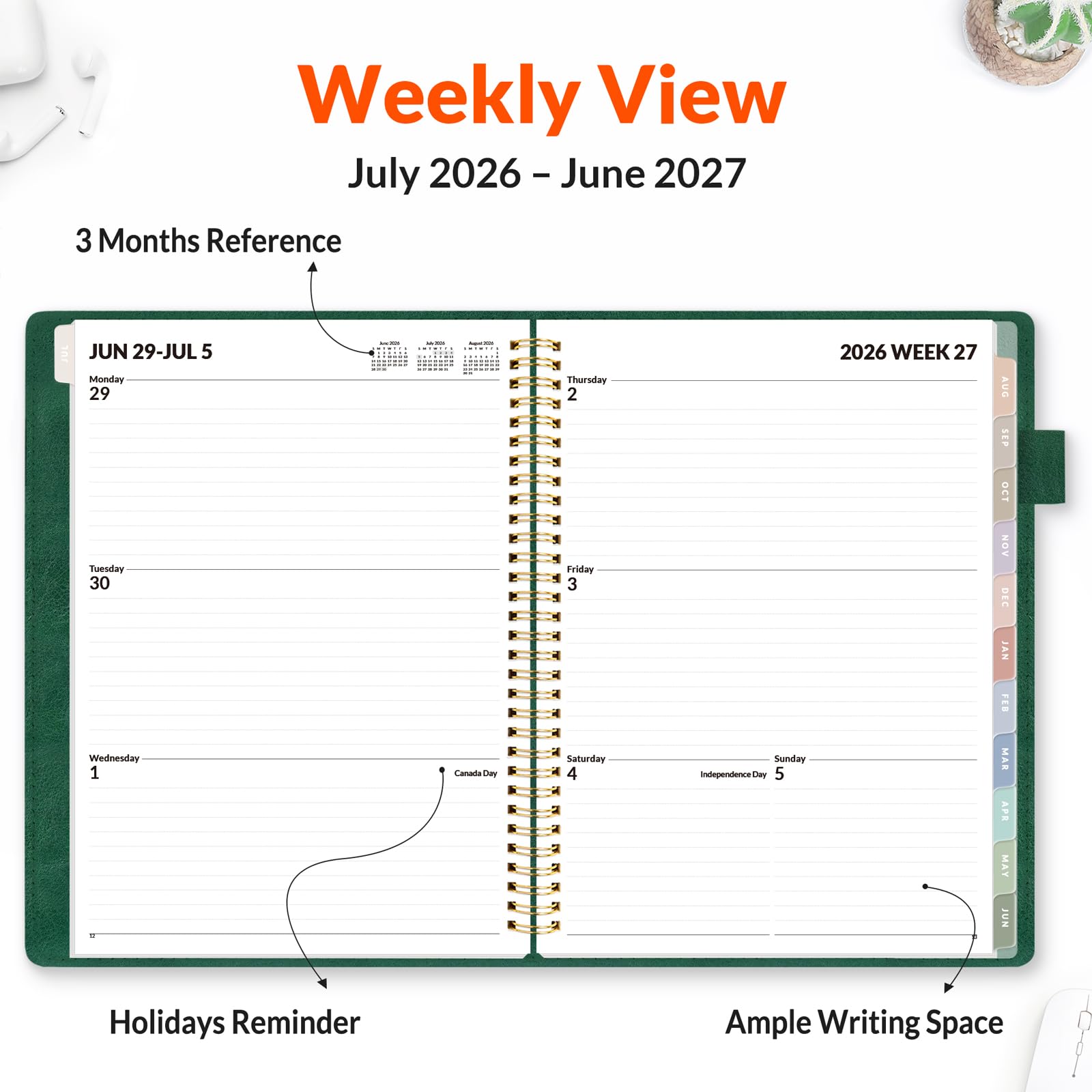 SUNEE Agenda semanal y mensual 2026-2027 de 9 x 11.2 pulgadas, 12 meses (julio de 2026 a junio de 2027), agenda de cubierta de cuero vegano, calendario académico, bolsillo, notas, pestaña mensual