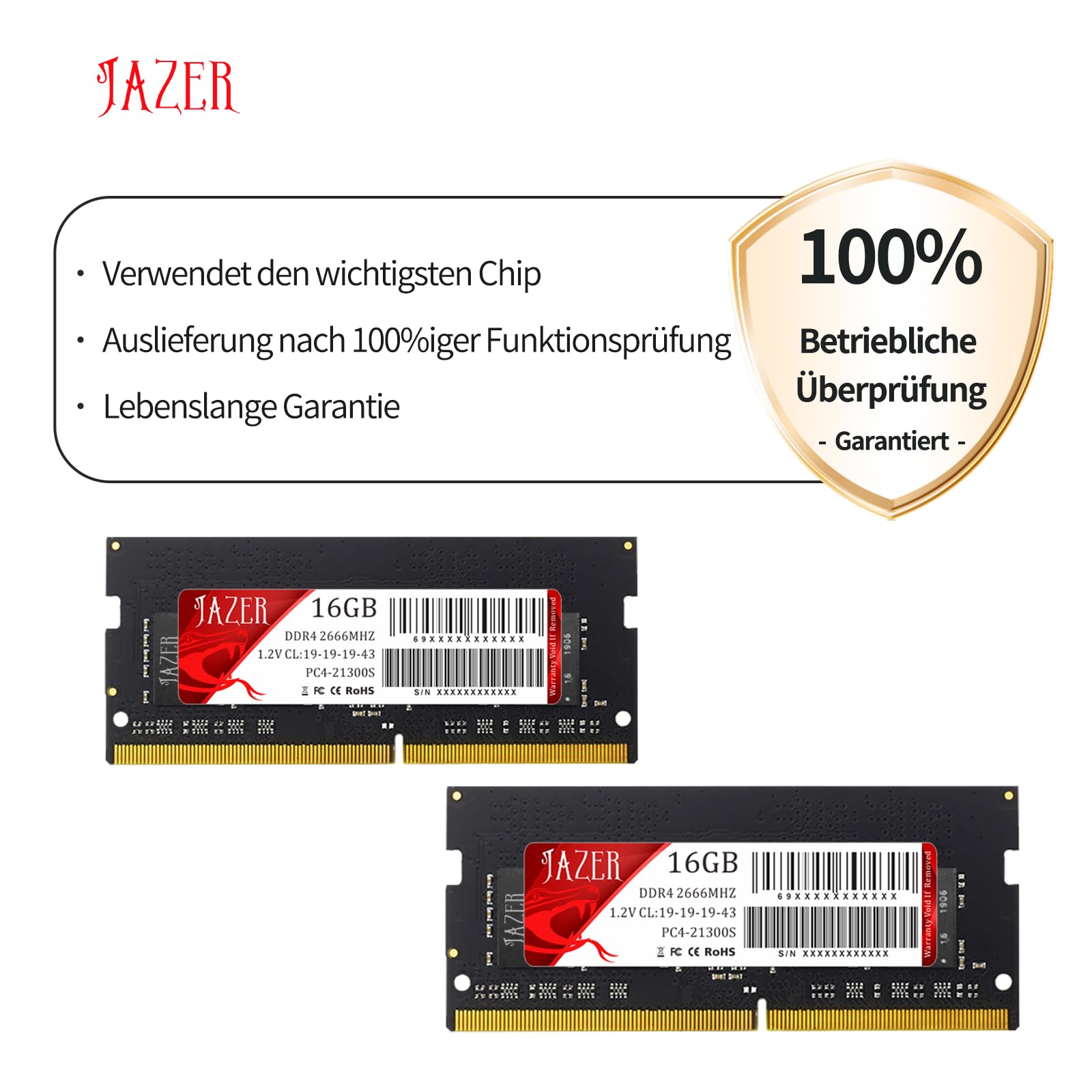 JAZER DDR4 RAM 16GB 2666MHz CL22 Laptop Notebook Momery | PC4-21300, 1.2V, SODIMM 260 Pin,Modul Upgrade