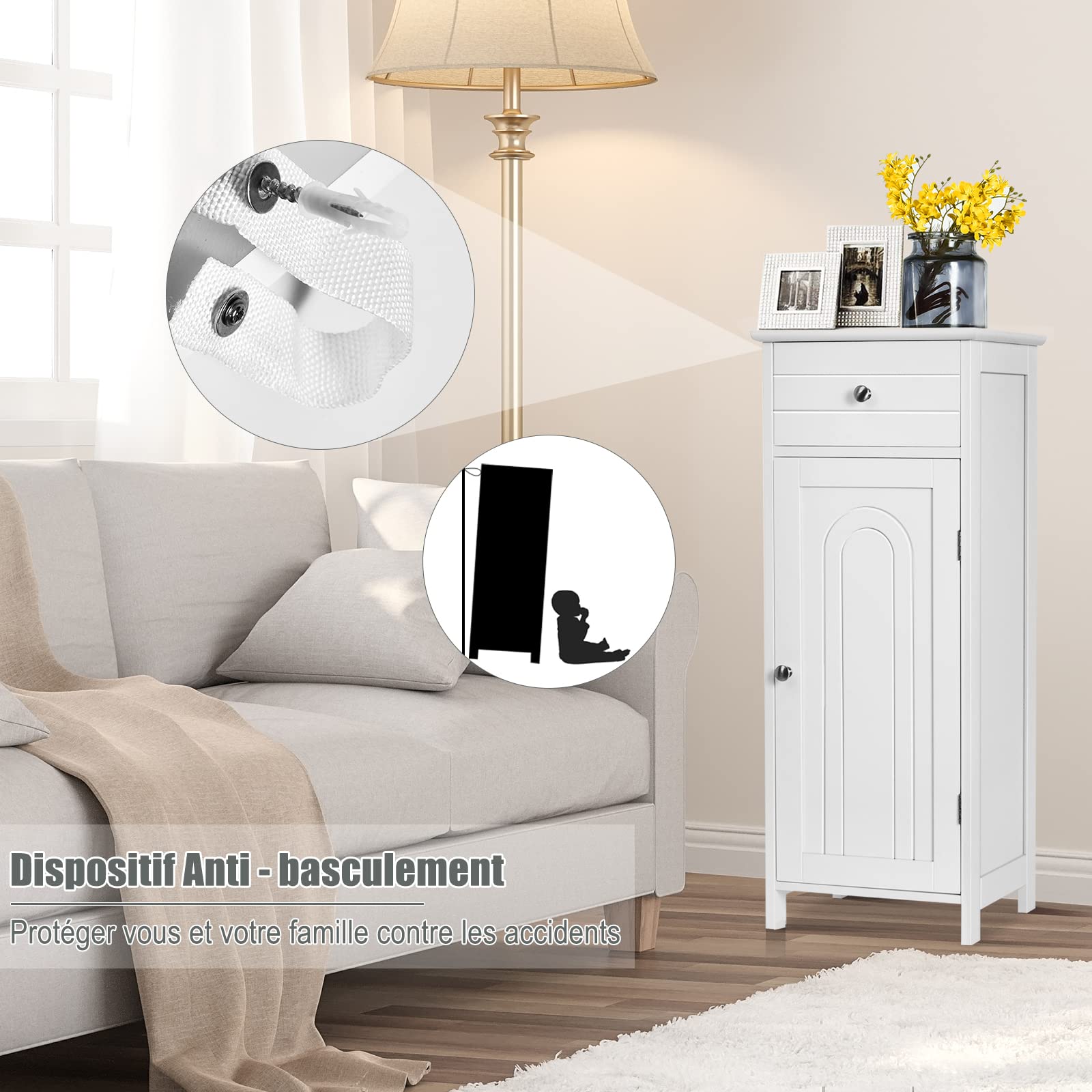 Armoire De Salle De Bain GOPLUS – Meuble Sur Pied MDF Blanc 35x30x87 Cm Avec Tiroir & 2 Étagères Réglables