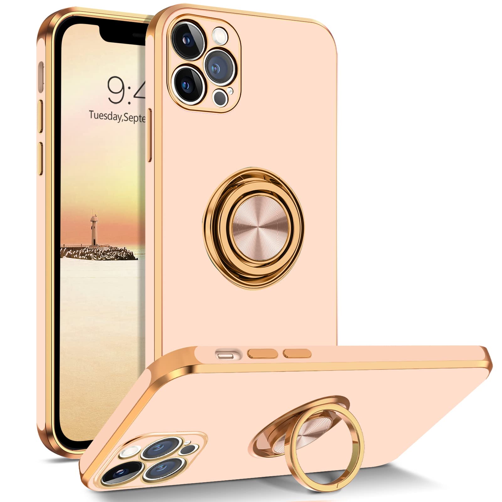 BENTOBEN iPhone 12 Pro Max Case, Phone Case iPhone 12 Pro Max Cover with 360° Ring Magnetic Kickstand Flexible TPU Bumper Shockproof Women Girls iPhone 12 Pro Max Protective Case, Light Pink/Gold