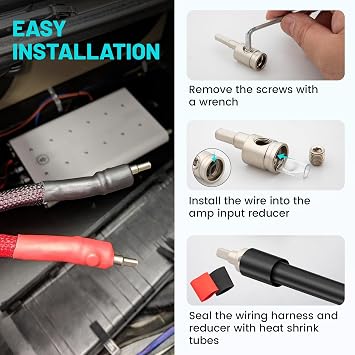 NuIth Amp Input Reducer 4 Gauge to 8 Gauge, 4PCS Car Audio Amplifier Wire Terminal Connectors Brass with Heat Shrink Tubing Allen Key for Amp Input, AWG Pin Power & Ground Connection