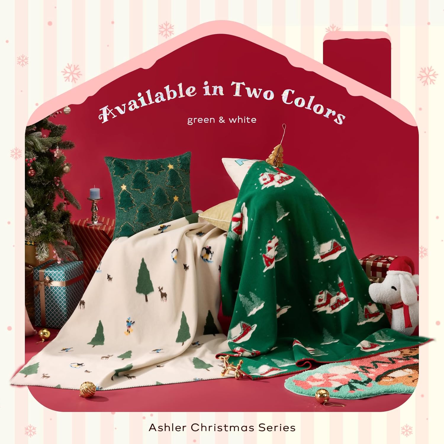 Ashler Merry Christmas Blanket, Soft Jacquard Knitted Throw Blanket with Locking Edge, Warm Cozy Blanket with Christmas Atmosphere Pattern for Couch Living Room Bedroom, Green, 50 x 60 Inches