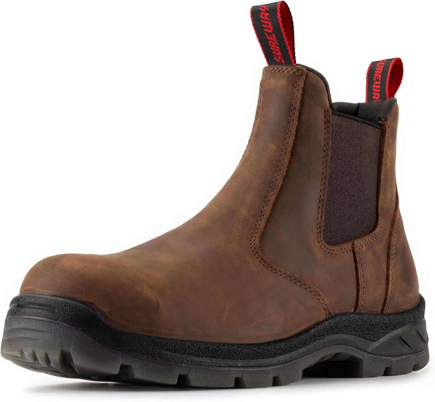 SUREWAY Men's Slip-On Work Boots for Men,Full Grain Leather,Anti-Static,Water/Slip Resistant,Fire Station Mechanic Industrial Construction Safety Boots/Shoes for Men