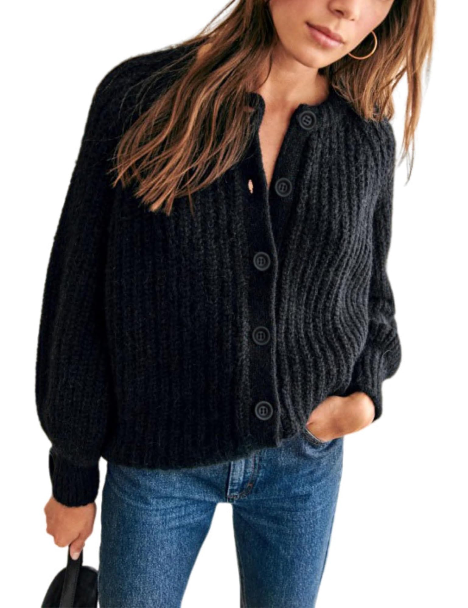 Women's Casual Long Sleeve Crewneck Button Down Cardigan Sweater Knit Outwear(Black,M)