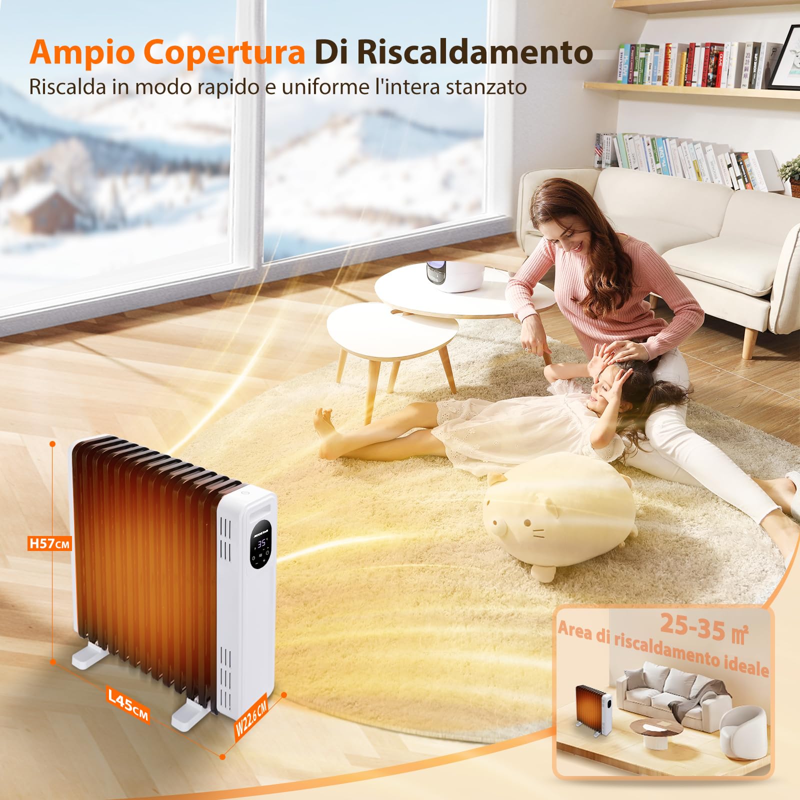 Aigostar Radiatore ad Olio 2500W, 13 Elementi Riscaldatore Elettrico Portatile, 3 Livelli di Calore, Modalità ECO, Timer 24H, Touch screen digitale, Telecomando, Hyperheat, Protezione Multipla, 60mq
