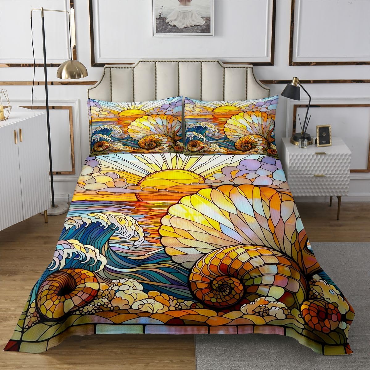 Coastal Conch Kids Bedspread Queen Size,Ocean Waves Sunrise Shell Marine Coverlet Set,Girls Boys Room Decor,Geometric Stained Glass Artwork Quilted Coverlet,Blue Orange Bedding Quilt,2 Pillowcases