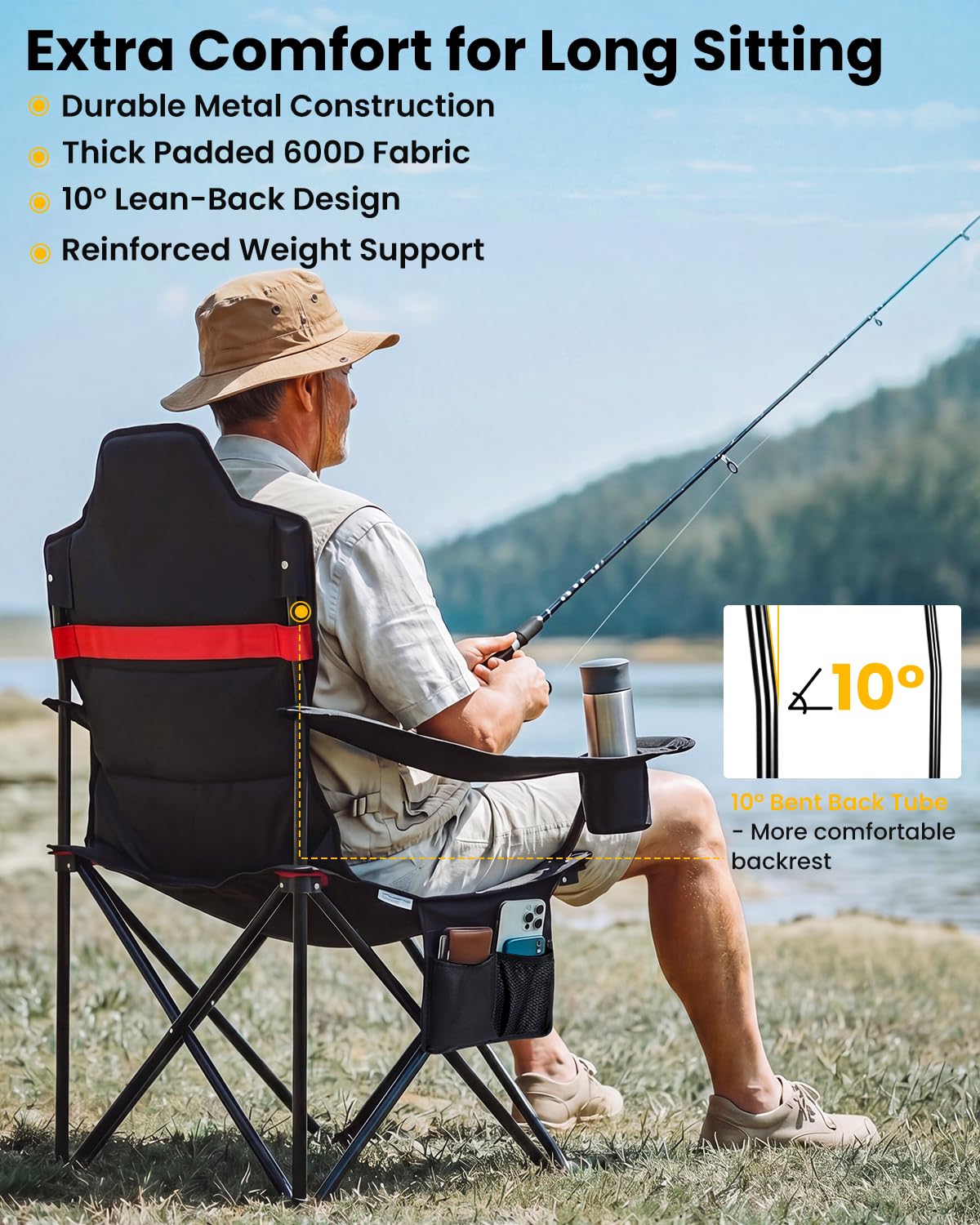 YEAUPE PRO Campingstuhl Faltbar Bequem Gepolster, 150 KG Belastbar | Camping Stuhl mit Hochlehner & Breiter Sitz | Multifunktional Angelstuhl, Karpfenstuhl, Klappstuhl für Camping Strand Festivals