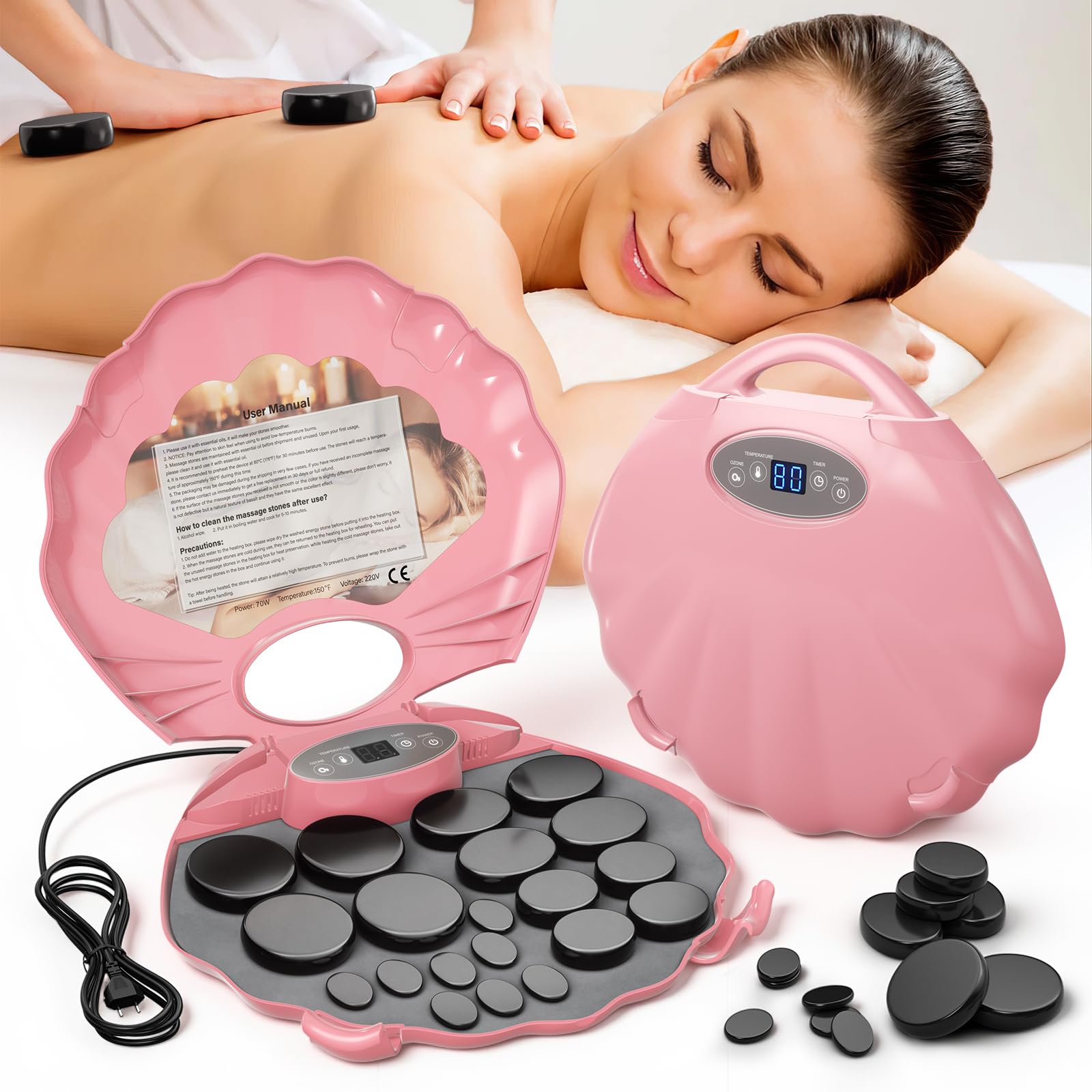 Set de Masaje con Piedras Calientes, 20 Piedras de Masaje de Basalto en Maletín Calefactor Portátil, Piedras de Lava para Masaje, Adecuadas para Uso Privado y Spa