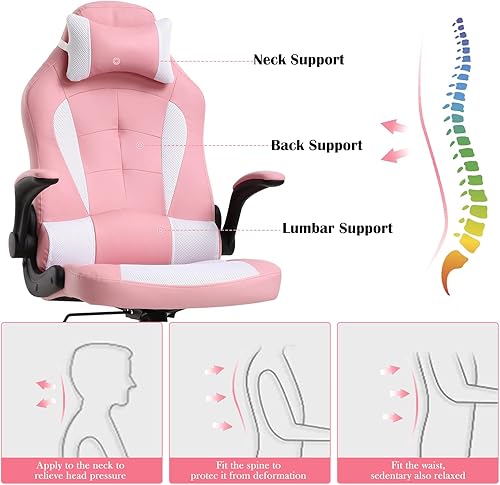 Miniatura 30 de Silla de videojuegos, silla de computadora de piel sintética ajustable con reposacabezas soporte lumbar, brazos y ruedas abatibles, silla de oficina