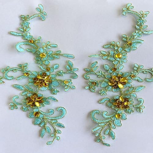 Miniatura 20 de Zbroh Parches de tela de encaje fino bordados con diamantes de imitación bordados, decoración de vestido para coser en lentejuelas cuentas, Azul