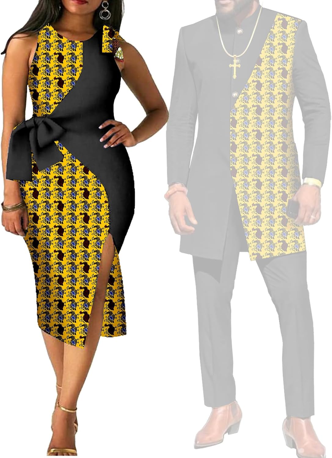 African Suits for Couples Women Kente Print Cotton Patchwork Dress or Dashiki Men Suit Top and Pants