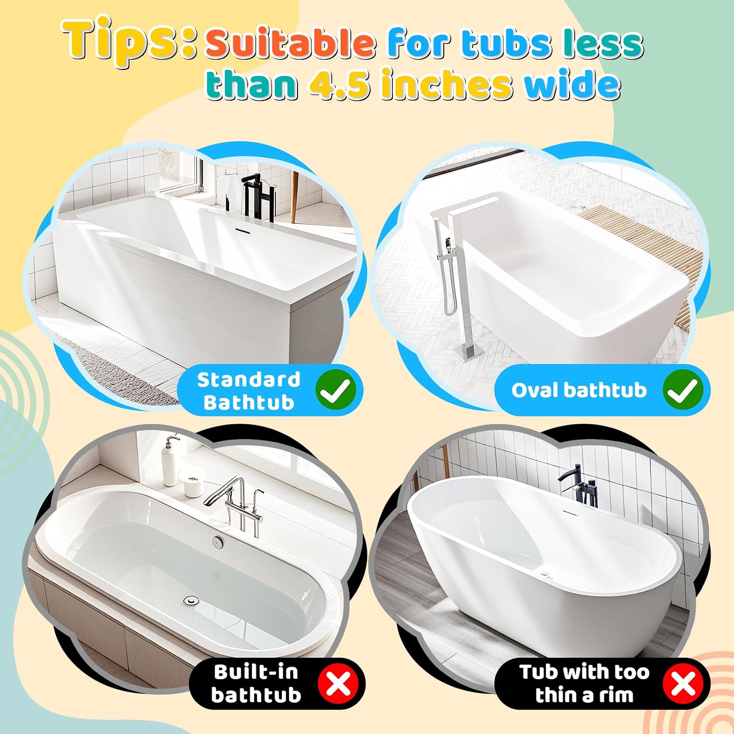 Saddle Shape Bath Toy Organizer with 2 Suction Cups & 8 Removable Adhesive, Bathtub Toys Supplies Holder with 2 Compartments, Mesh Bath Toys Tub Accessories Holder for Toiletries