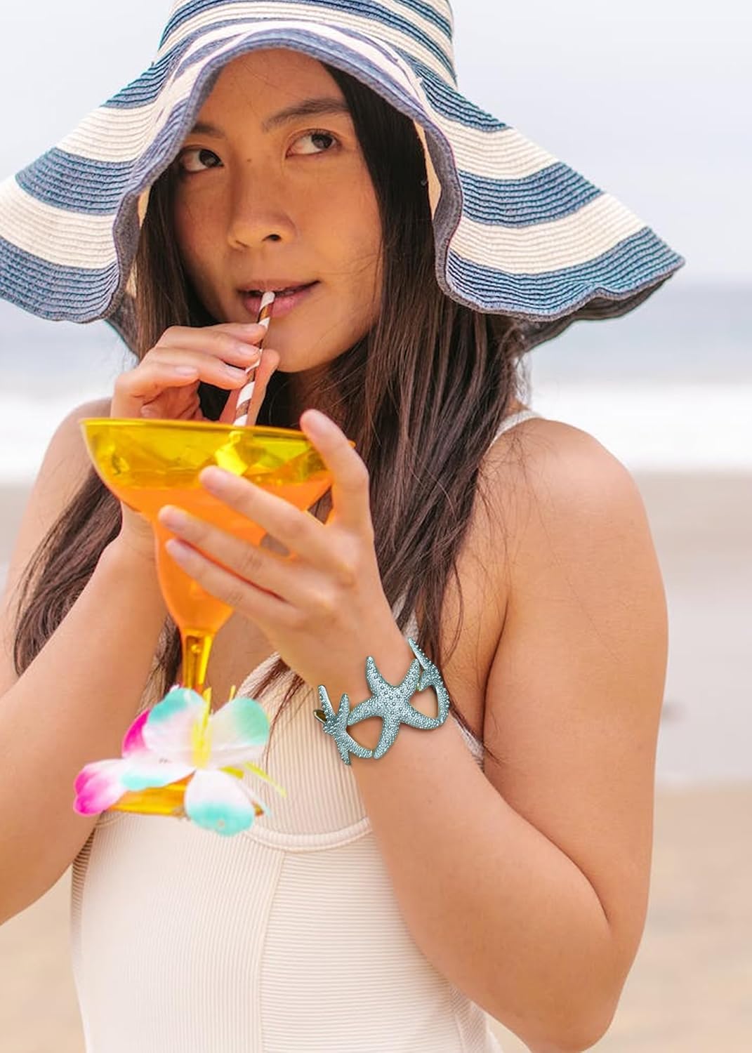 Alilang Womens Shiny Textured Starfish Stretch Bangle Cuff Statement Bracelet - Image 5