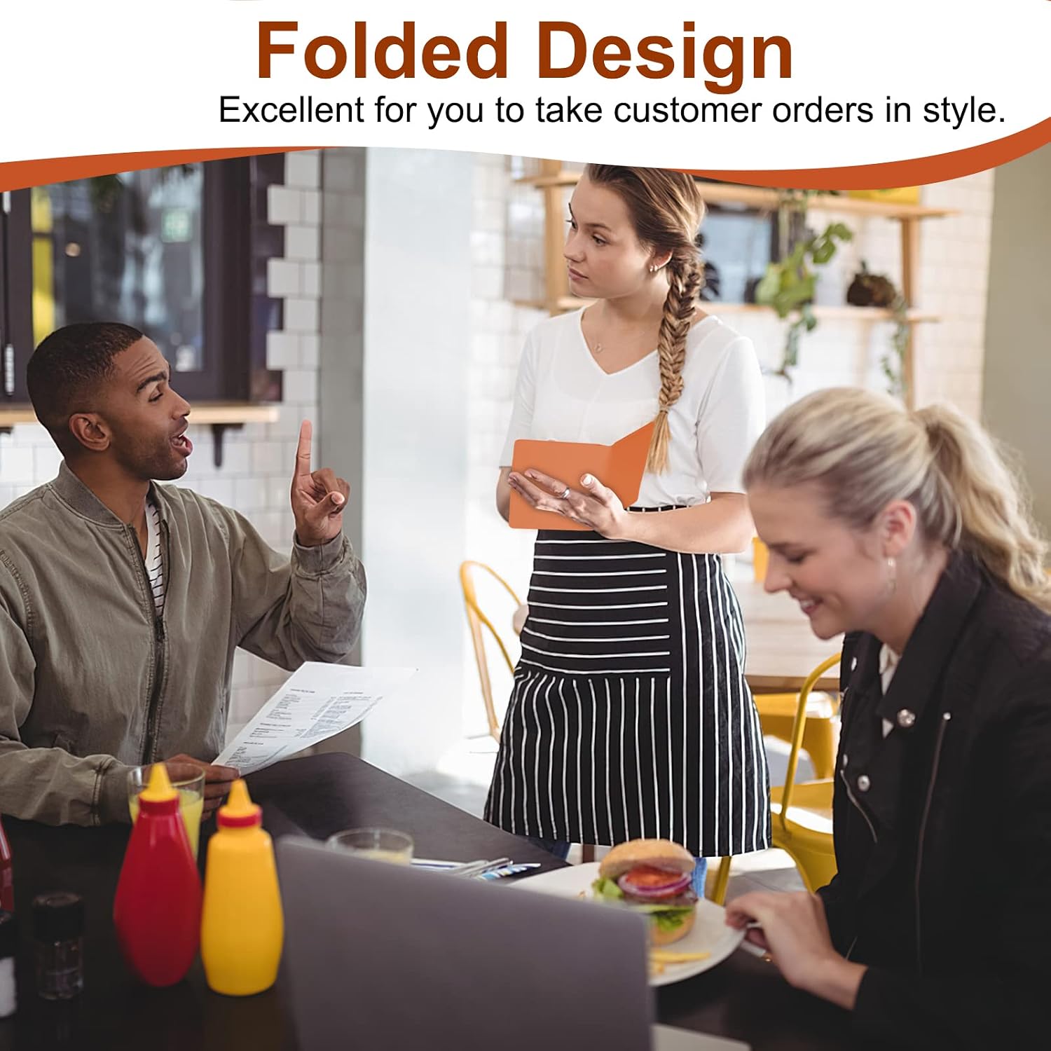 LINTRU Server Books for Waitress, Premium Pu Leather 5 x 8 Inch Servers Book with Zipper Pocket, Waitress Book Fit for Aprons, Check Presenters for Restaurants (Orange)