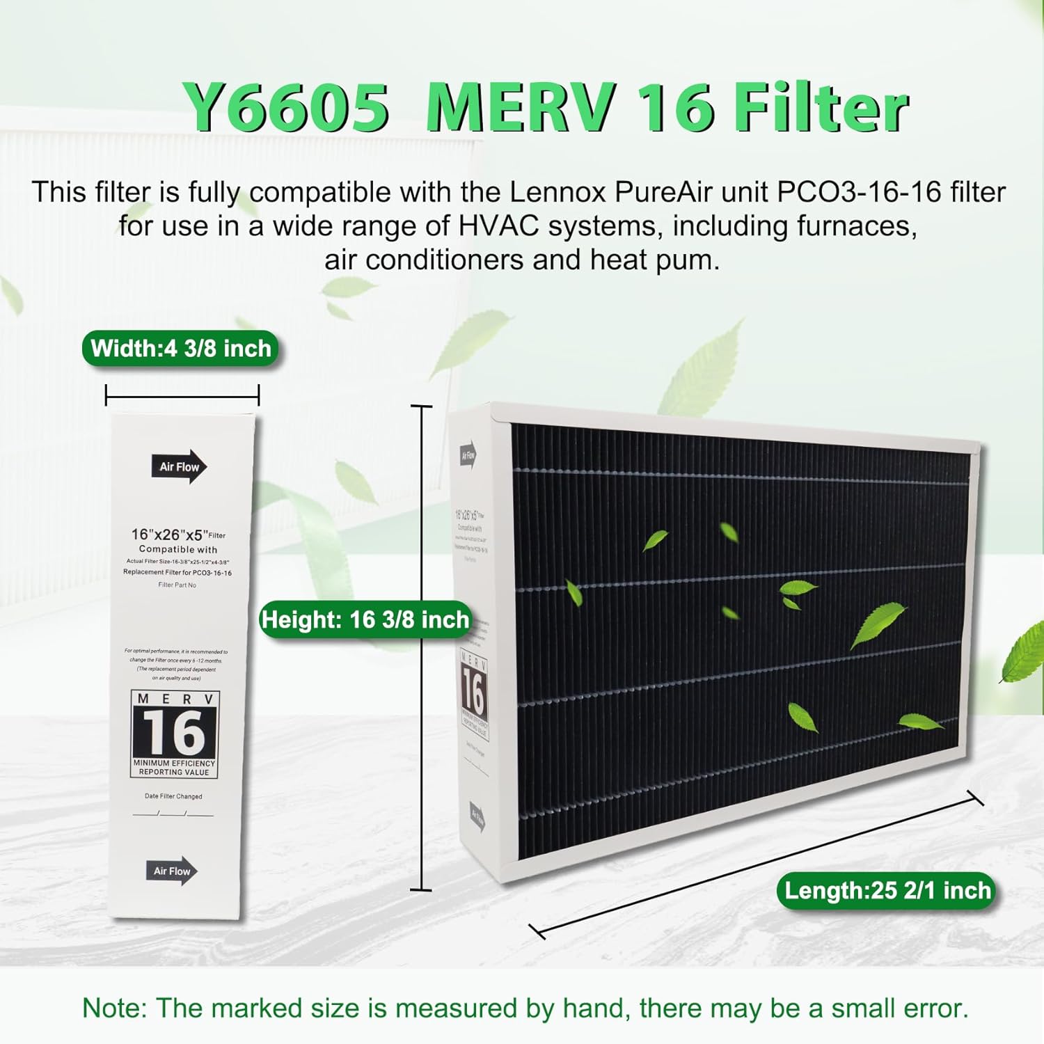 Premier Y6605 Merv 16 High Efficiency Filter for Lennox Y6605 and PureAir PCO3-16-16 Parts Replacement, 16x26x5-Inch Activated Carbon Cleaning Furnace Filter (1 Pack)