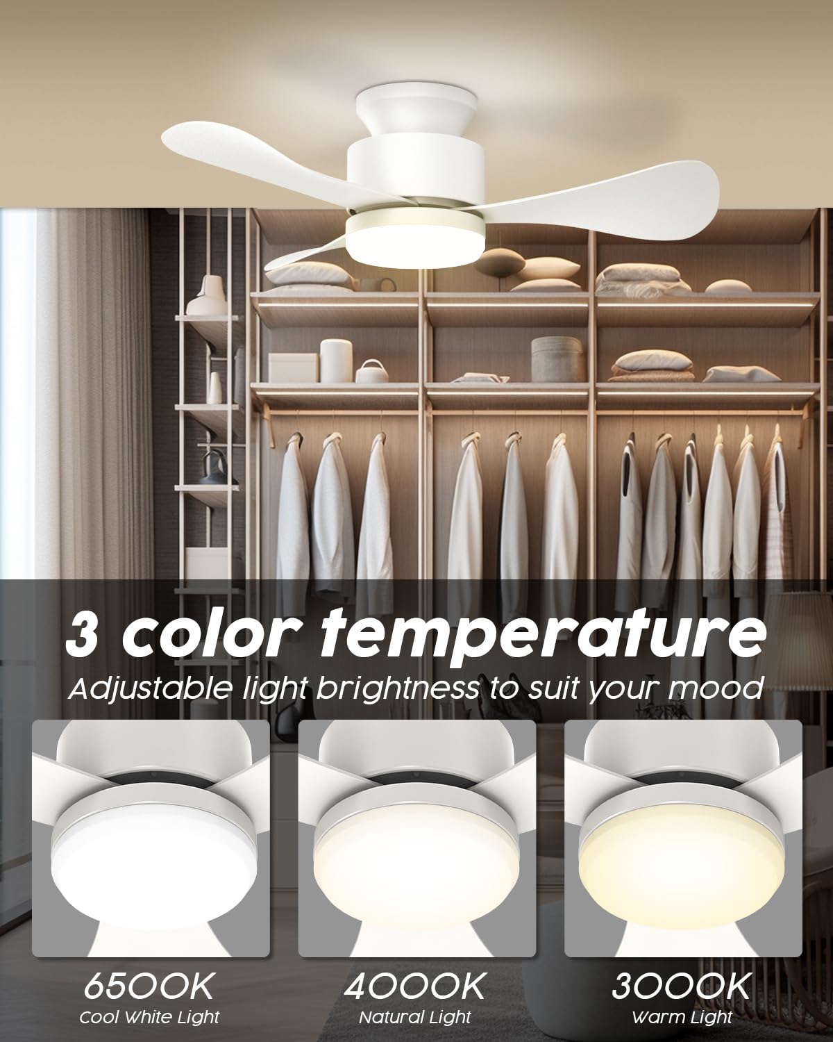 Airwit 71cm Ventilatore da Soffitto con Luce Silenzioso, Piccolo Lampadario Ventilatore Soffitto con Telecomando e Reversible DC Motore, Lampada Ventilatore LED per Camera da Letto, Soggiorno, Cucina