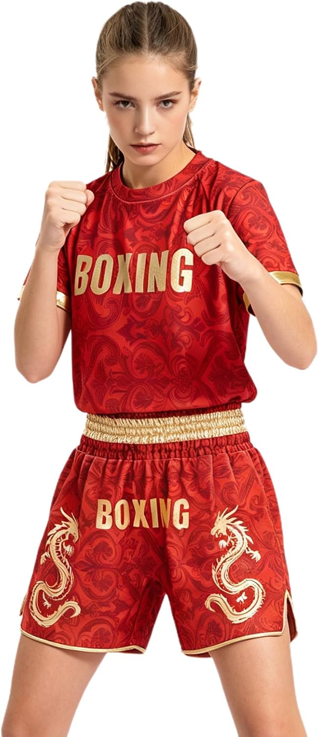 Girls Boxing Training Suit Muay Thai Shorts Set Red 10 Years