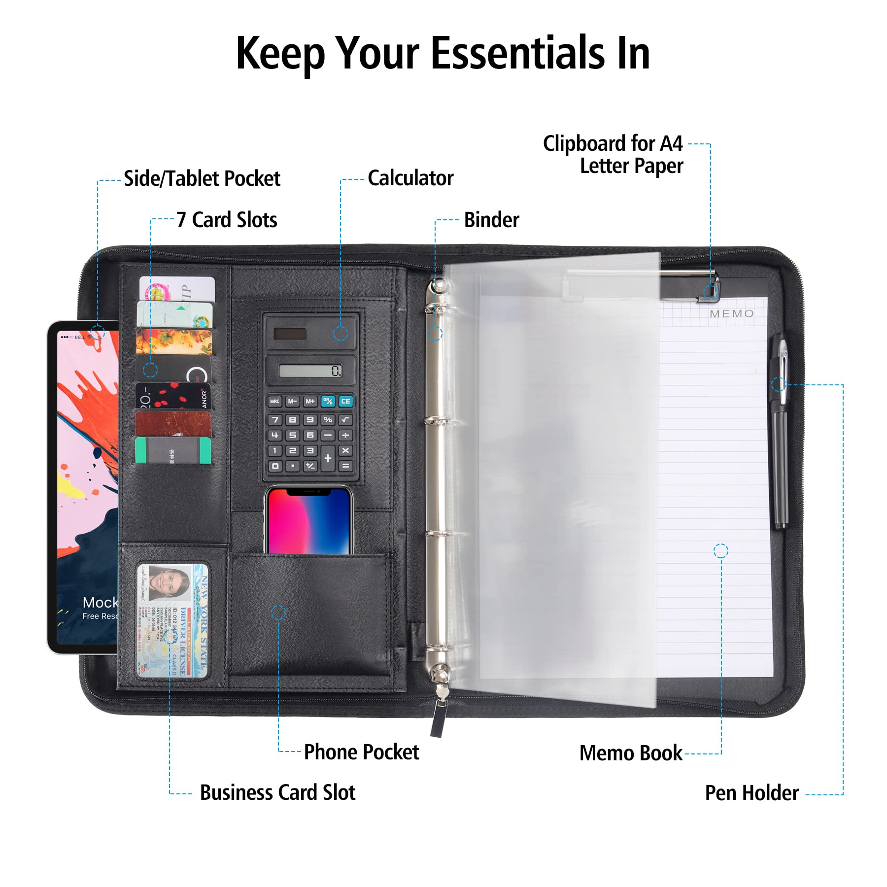 Porte-documents pour homme et femme – Porte-documents en cuir avec fermeture éclair et calculatrice – Support pour tablette, documents, cartes, carnets, bloc-notes