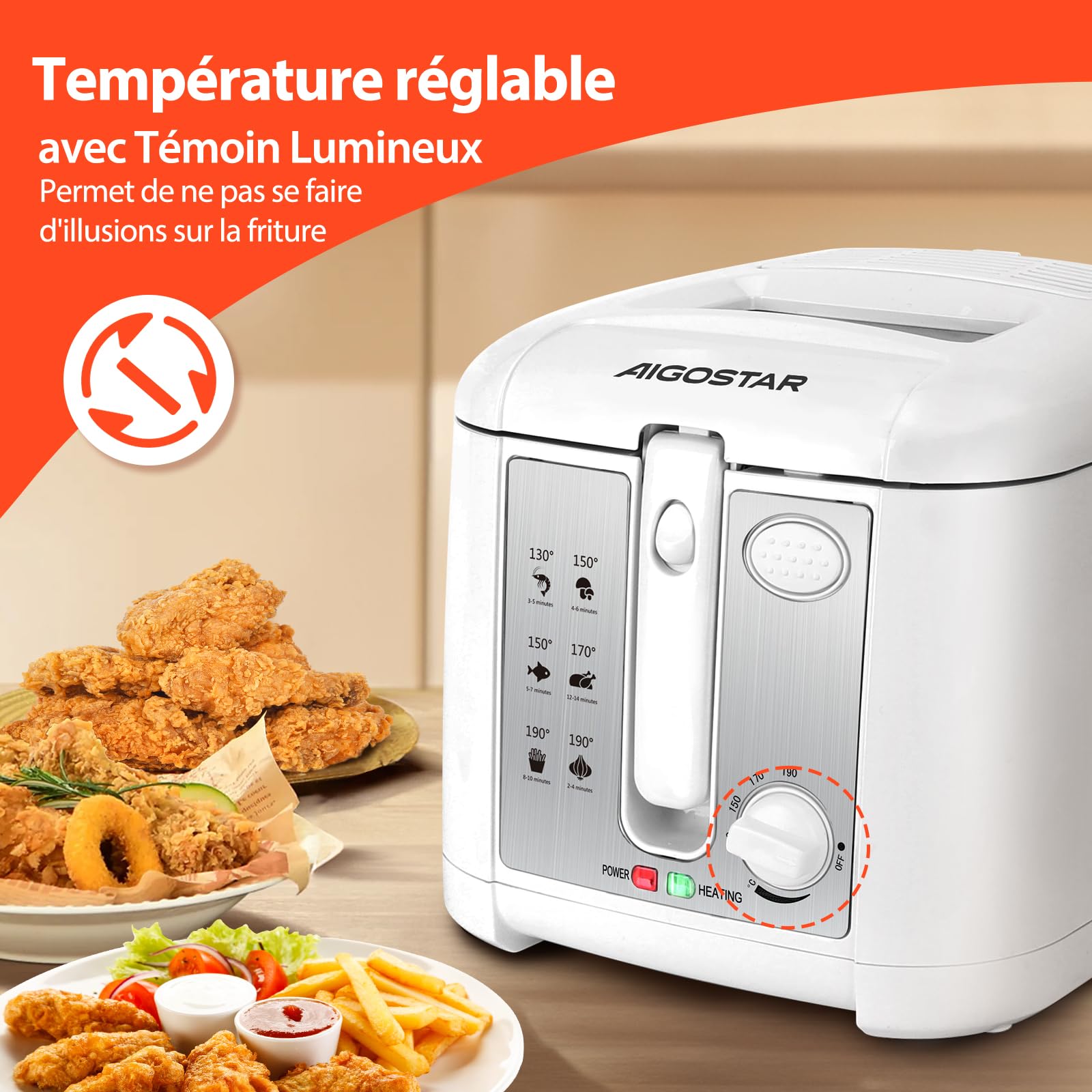 Aigostar Indra 30HEX Friteuse Électrique 2,5 L Blanc | Cuve avec Huile pour 2 Personnes, 1650W et Panier Amovible