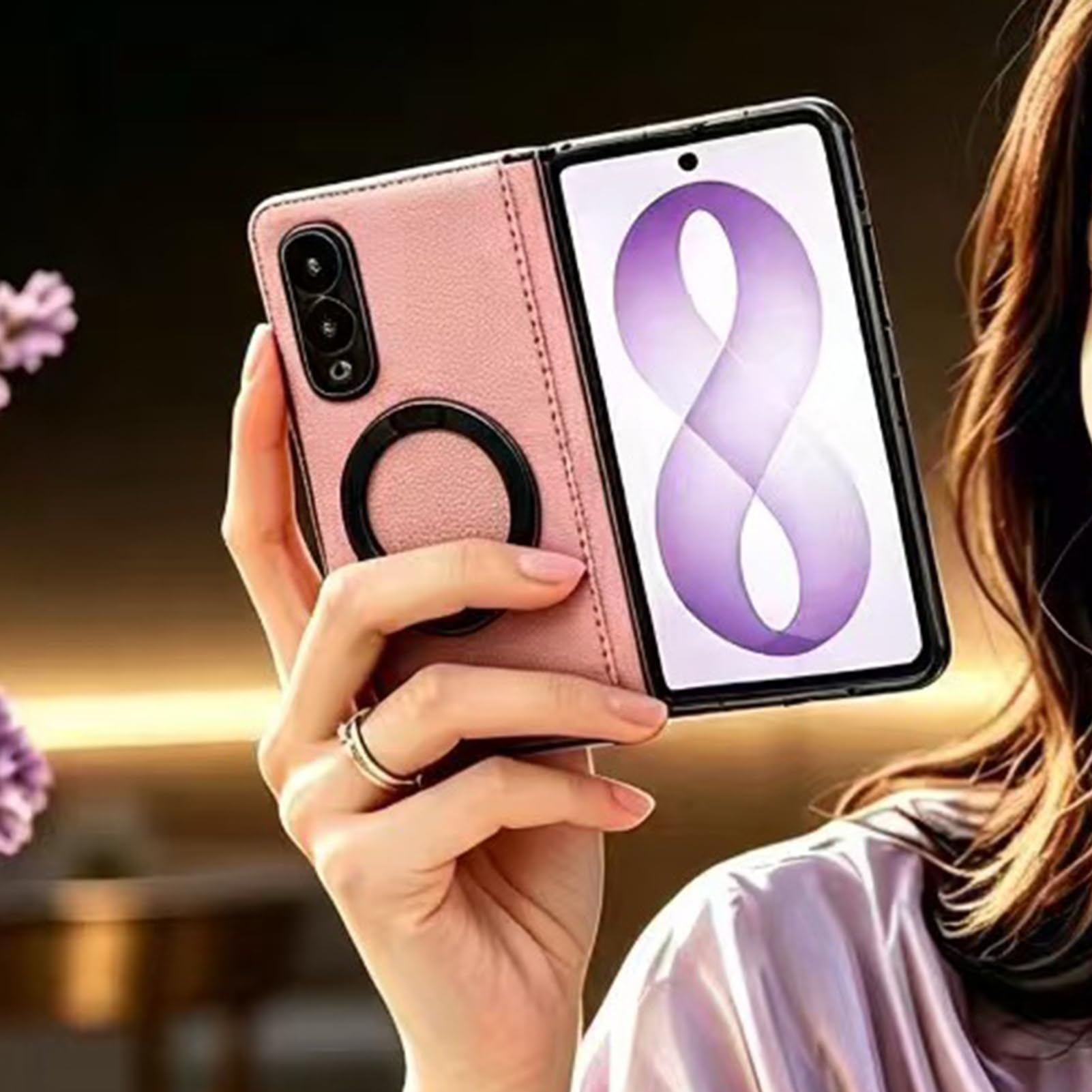 Etui z prawdziwej skóry do Samsung Galaxy Z Fold 8, ochrona ekranu z obrotowym pierścieniem magnetycznym, pełne owinięcie zawiasów, biznesowe, ręcznie wykonane, lekka, luksusowa obudowa (czarne)