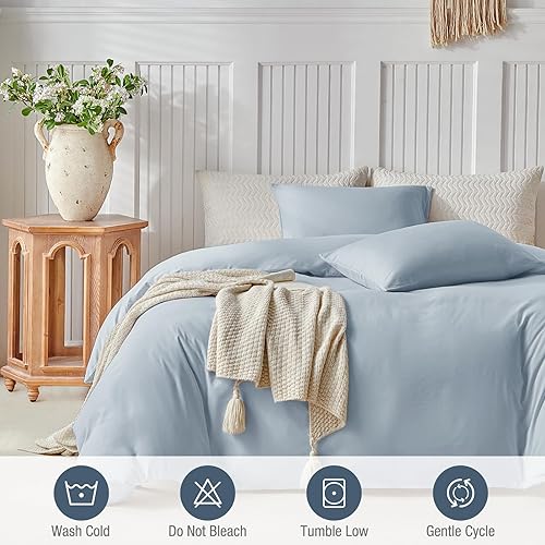 Miniatura 5 de Lekesky Juego de funda de edredón tamaño matrimonial, diseño bohemio copetudo, bordado blanco, Shabby Chic transpirable ultra suave (1 funda de